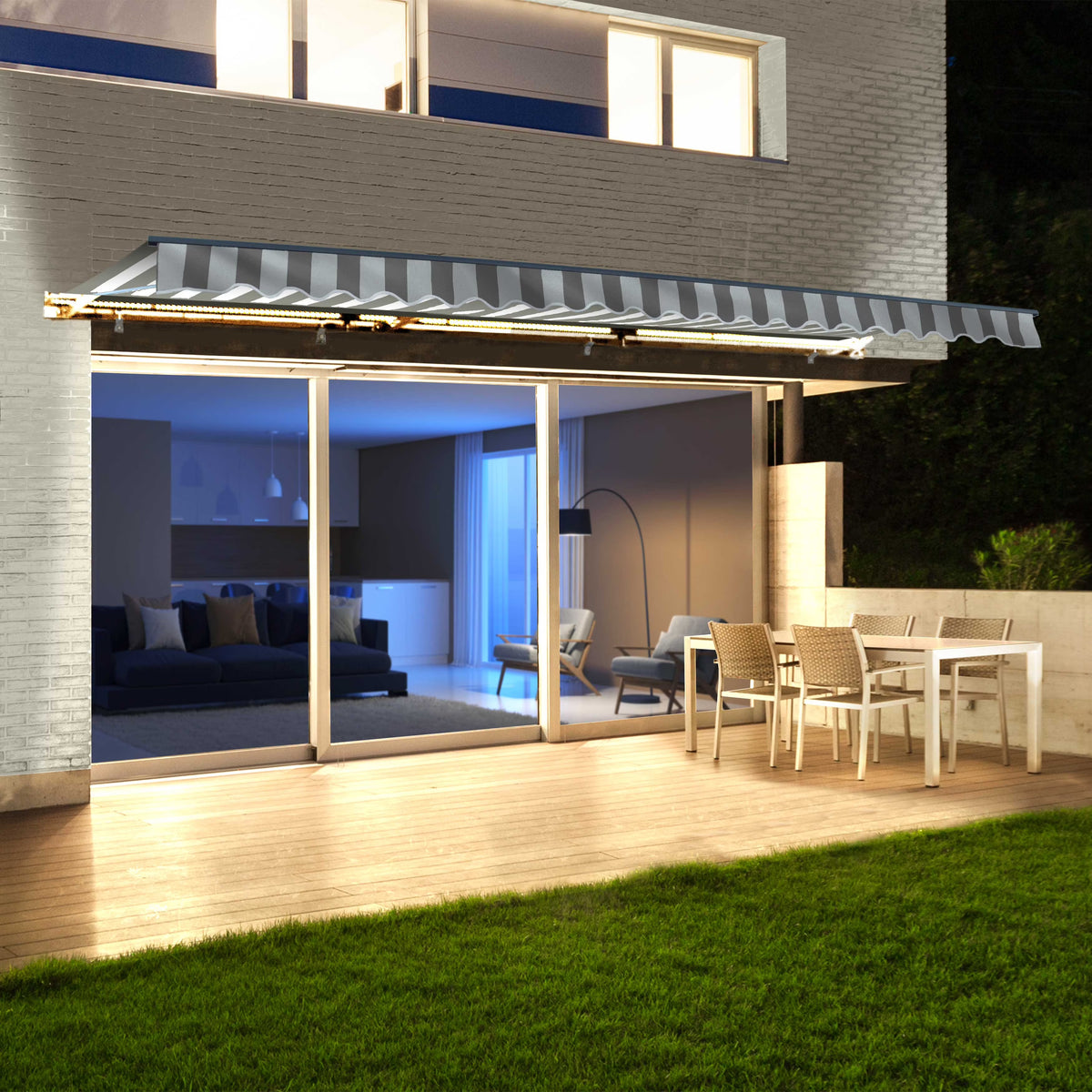 Grey White Striped Motorized Retractable Patio Awning U40844