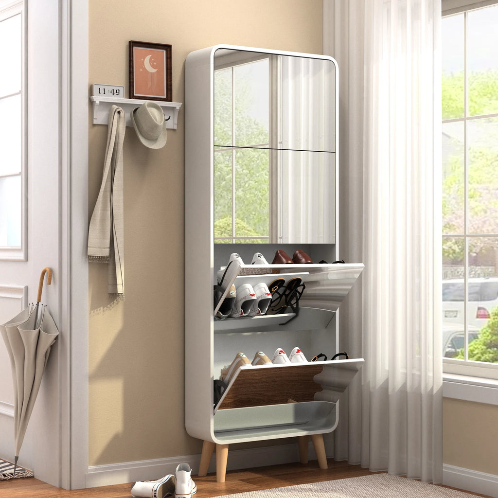 White 4 Flip Drawers Wood Shoe Cabinet with Mirror E7131