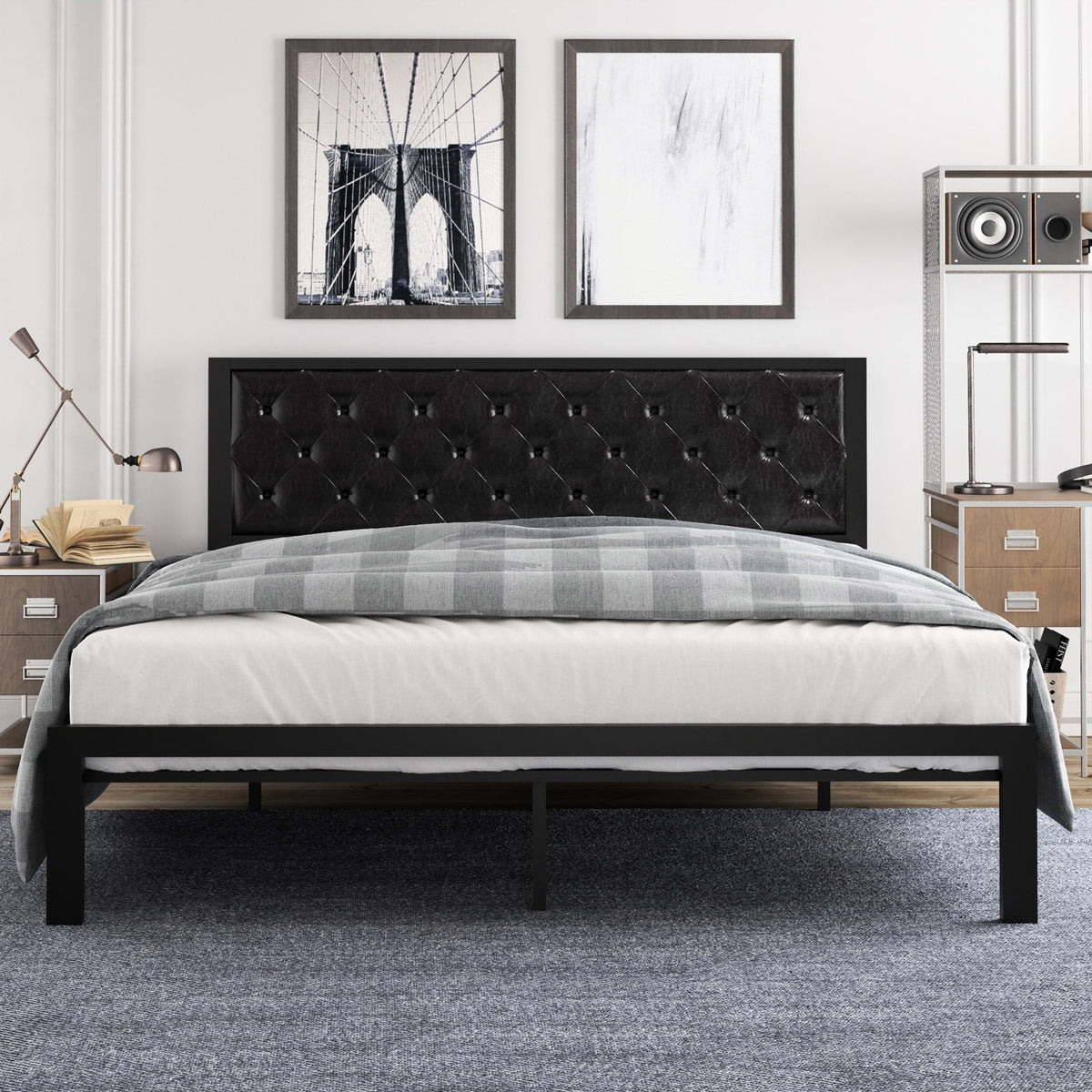 Twin Size Metal Bed Frame with Upholstered Headboard D130