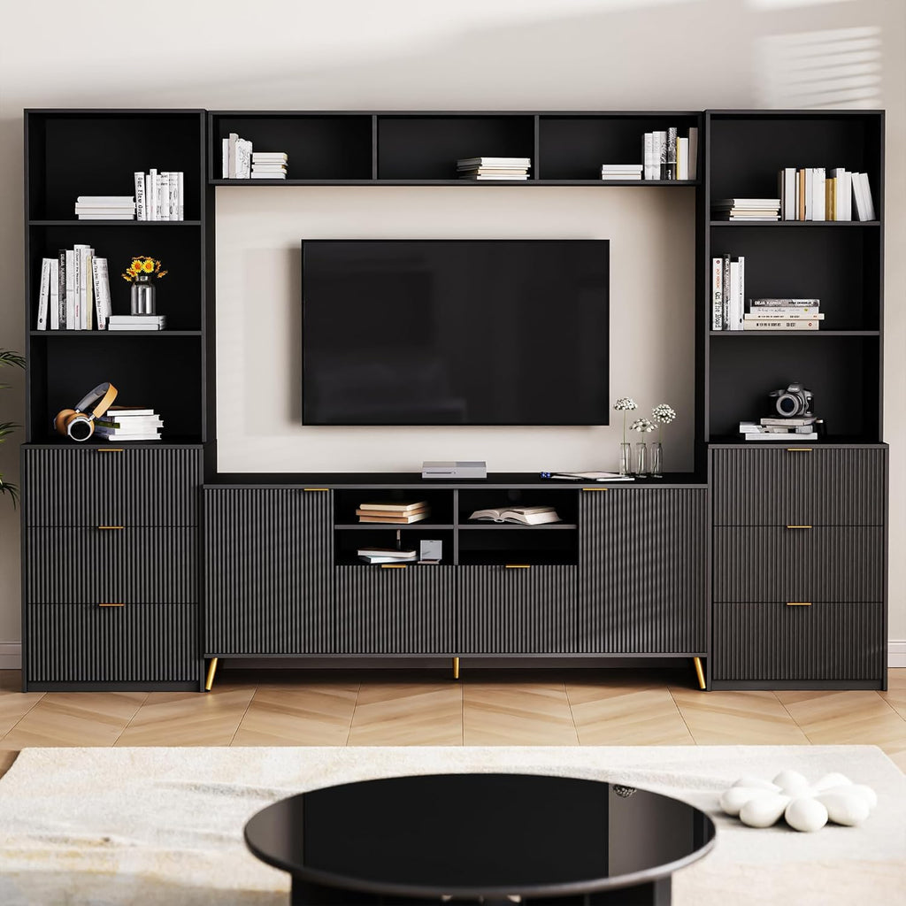 Black 4-Piece TV Stand with 13 Shelves, 8 Drawers and 2 Cabinets P86484