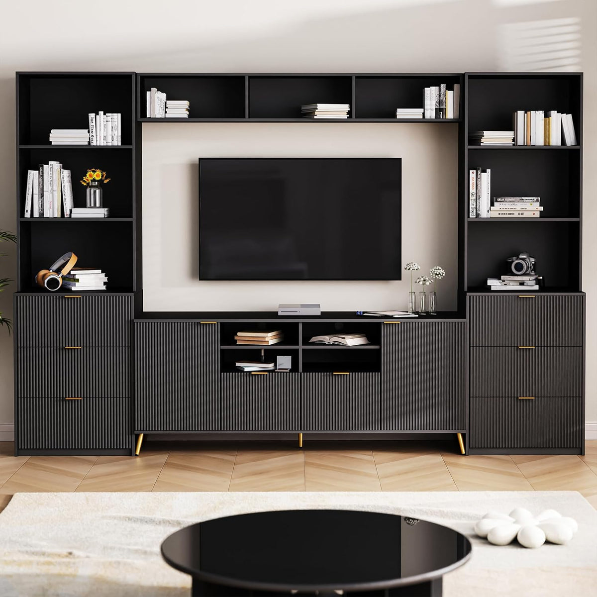 Black 4-Piece TV Stand with 13 Shelves, 8 Drawers and 2 Cabinets P86484