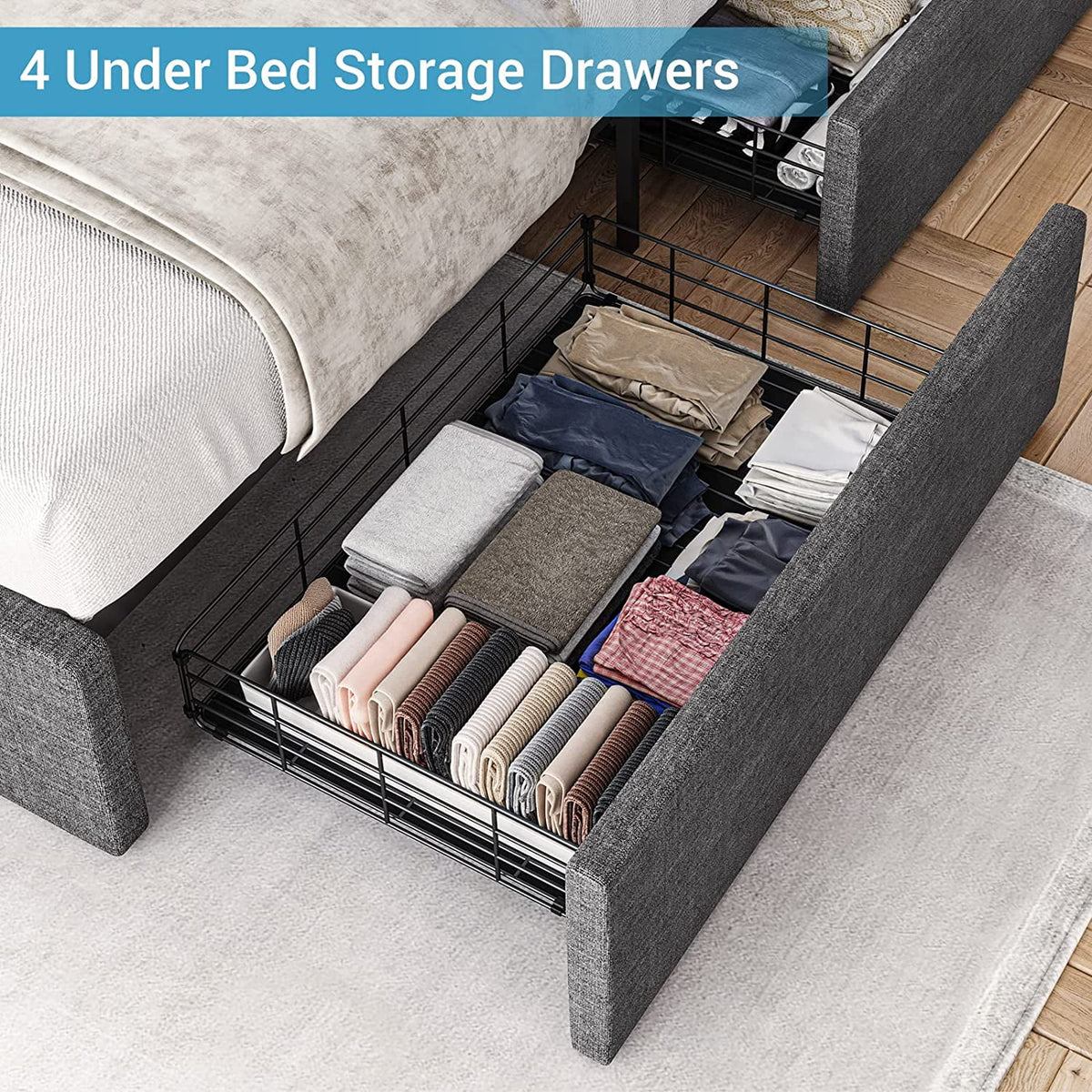 Queen Upholstered Platform Bed Frame with 4 Storage Drawers and LED Headboard V5748