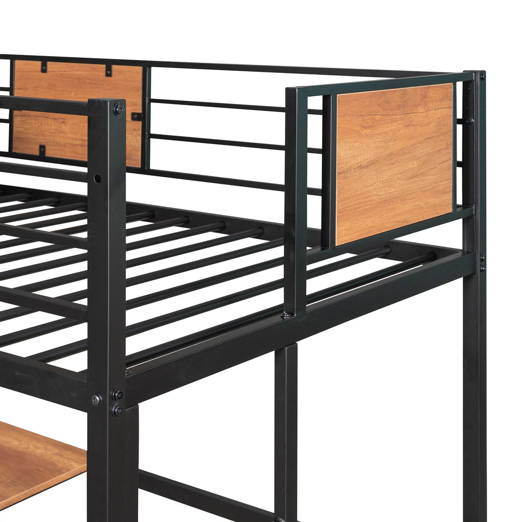 Black Twin Size Metal Loft Bed with Desk and Shelves R465968
