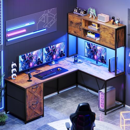 Black L Shaped Computer Desk with Fabric Drawers and Power Outlet S7207