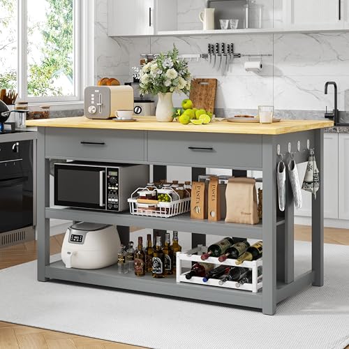 Solid Rubberwood Kitchen Island with Power Outlets, 2 Drawers & Open Shelves (Grey) F56362