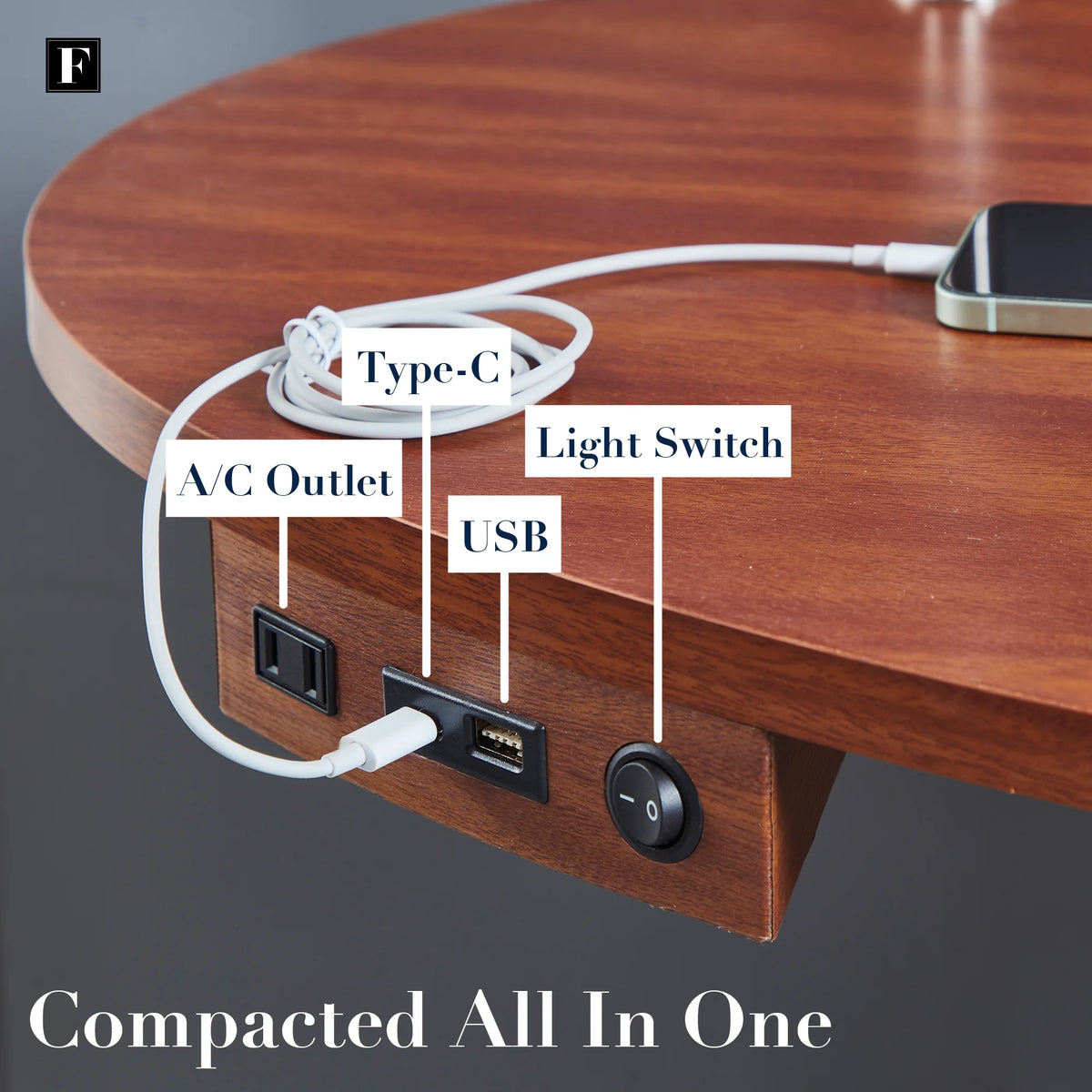 Oval Desk with USB-C Charging Station, 45.5", Walnut A20481