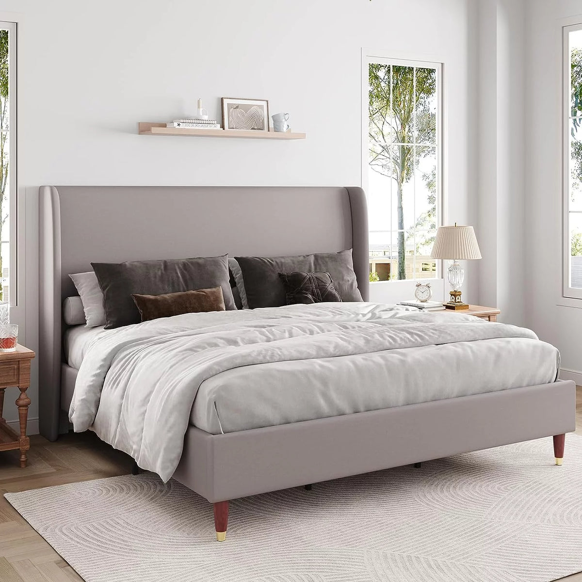 King Size White Linen Upholstered Platform Bed with Wingback Headboard M400836