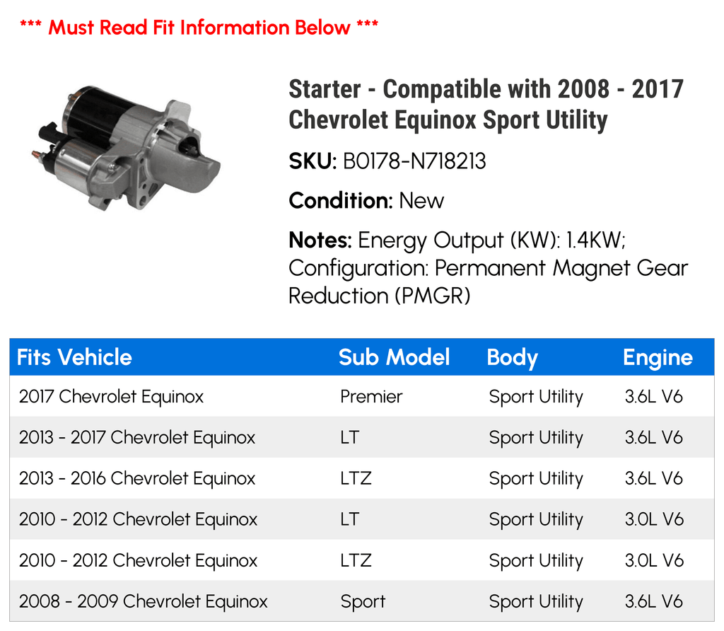 Starter for Chevy Equinox Sport Utility 2008-2017 Z3574