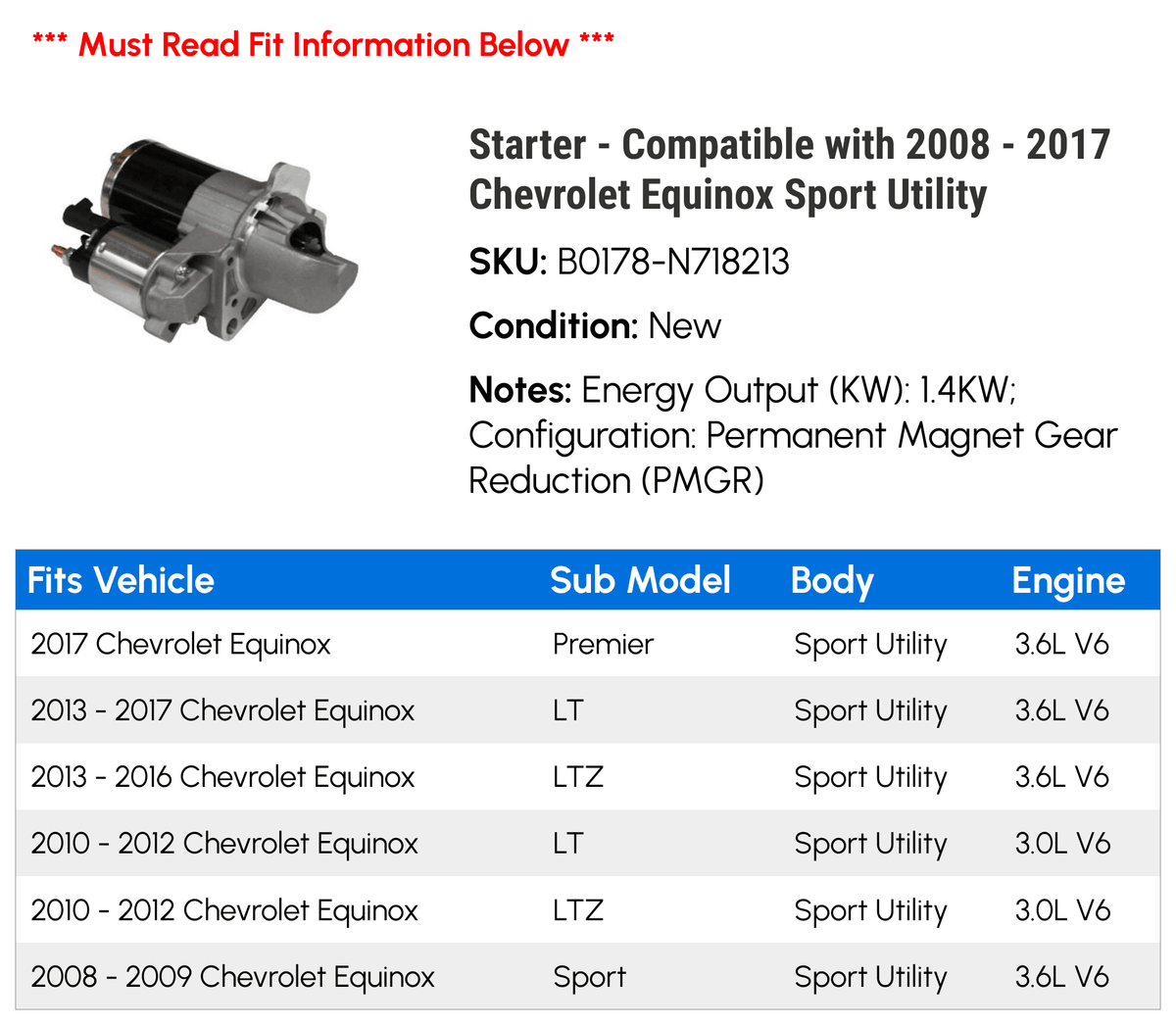 Starter for Chevy Equinox Sport Utility 2008-2017 Z3574