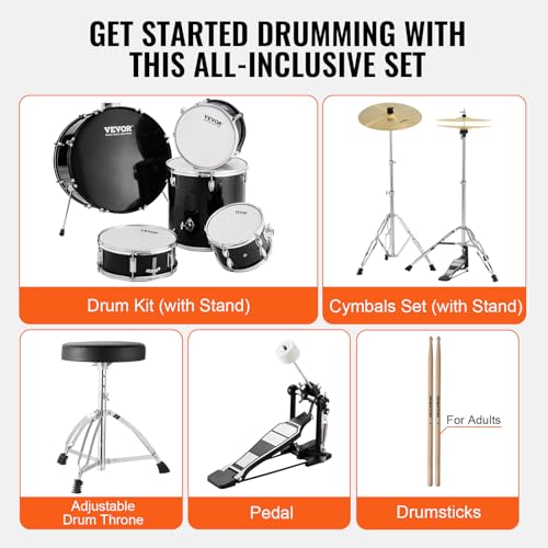 Black 5-Piece Drum Set with Bass, Toms, Snare, Floor, Stands, Cymbal, Hi-Hat Pedal and Drumsticks S1772