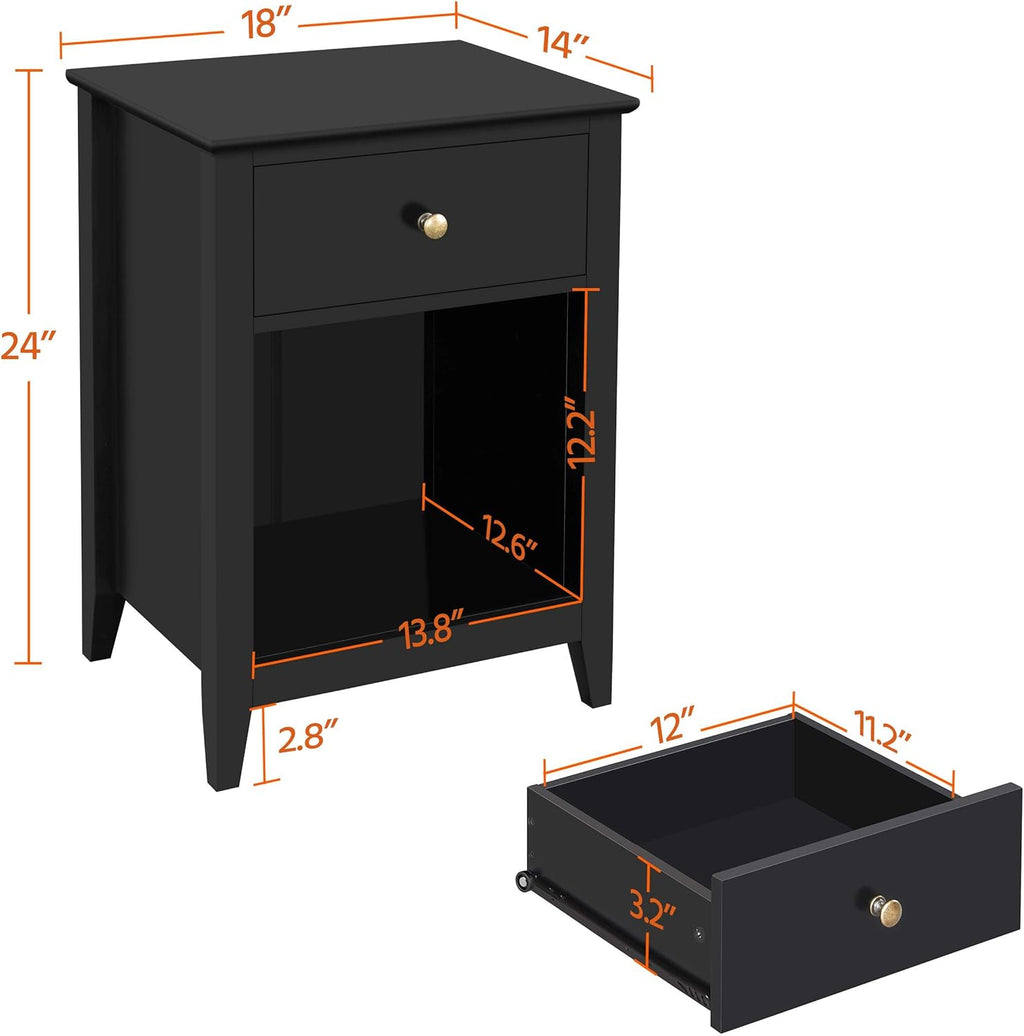 Black Wood Side End Table with Drawer and Open Storage Cabinet, Set of 2 L230487