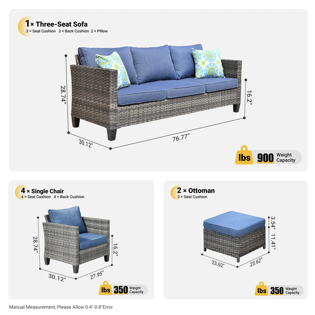 7 Pieces All Weather Wicker Patio Furniture Set with Sectional Couch and Ottoman D67900