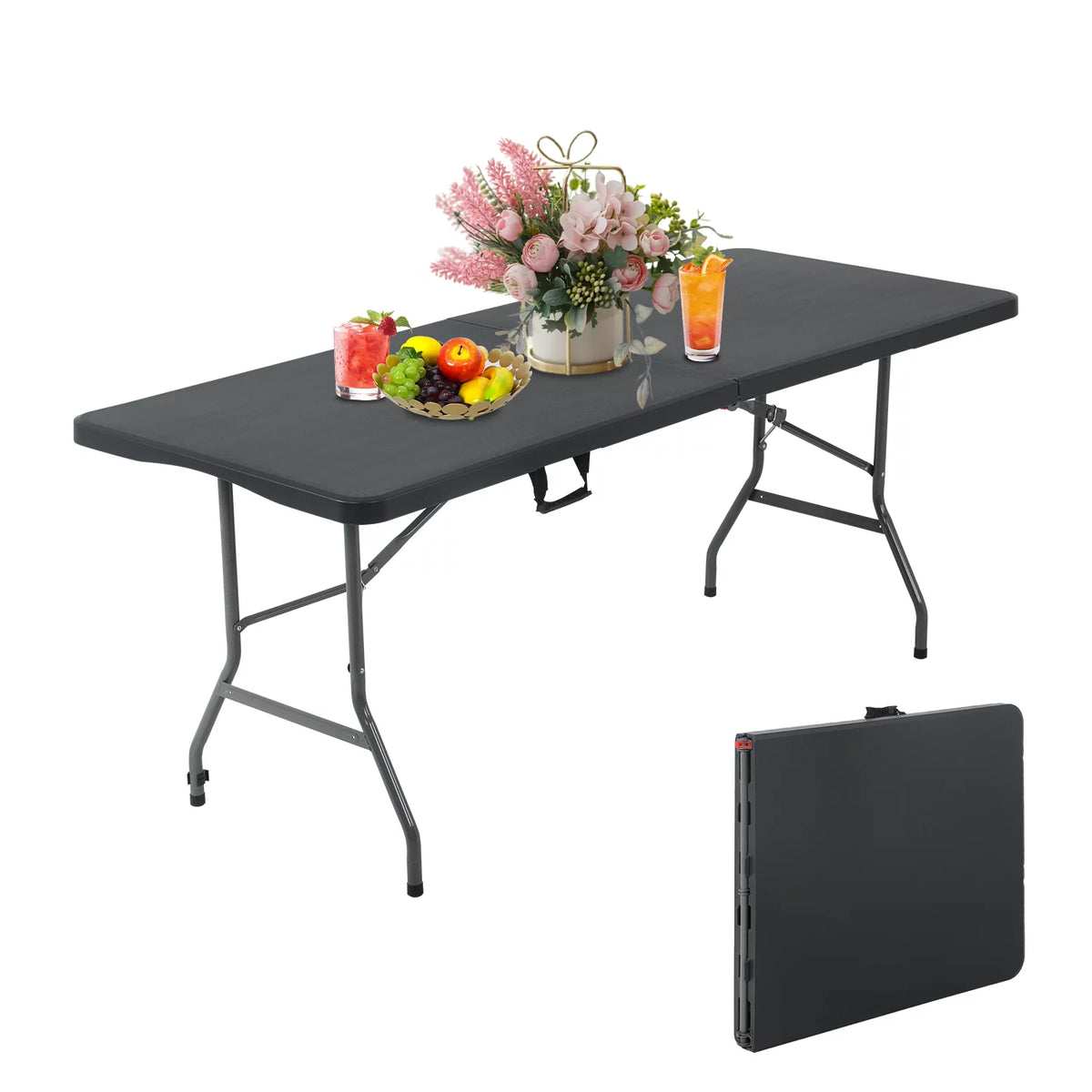 6ft Black Plastic Folding Table with Carrying Handle K4002