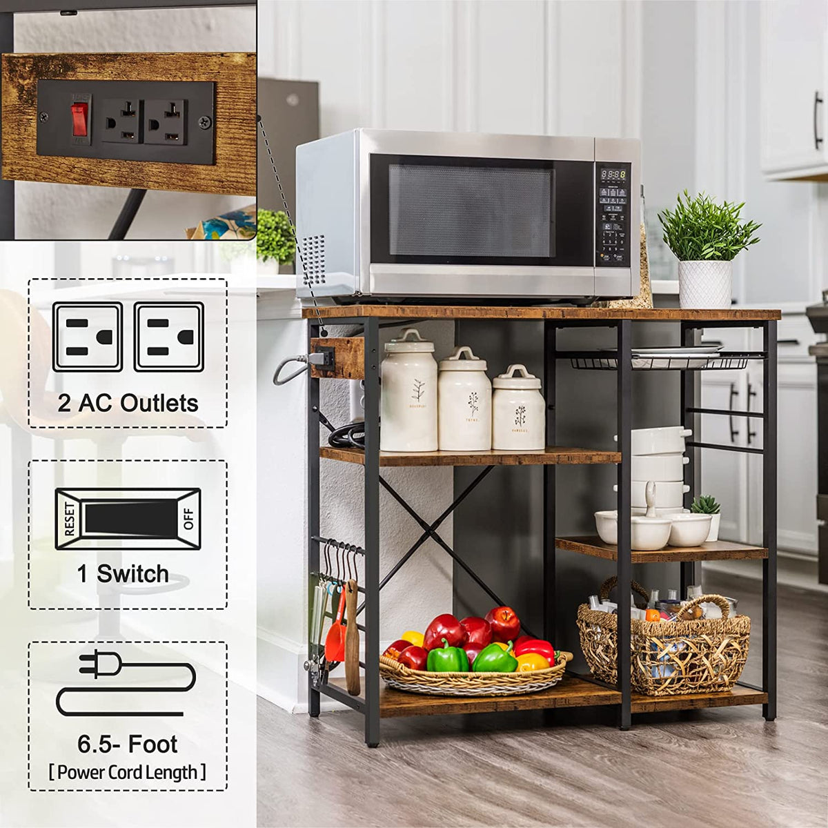 Rustic Brown Bakers Rack with Power Outlet V330