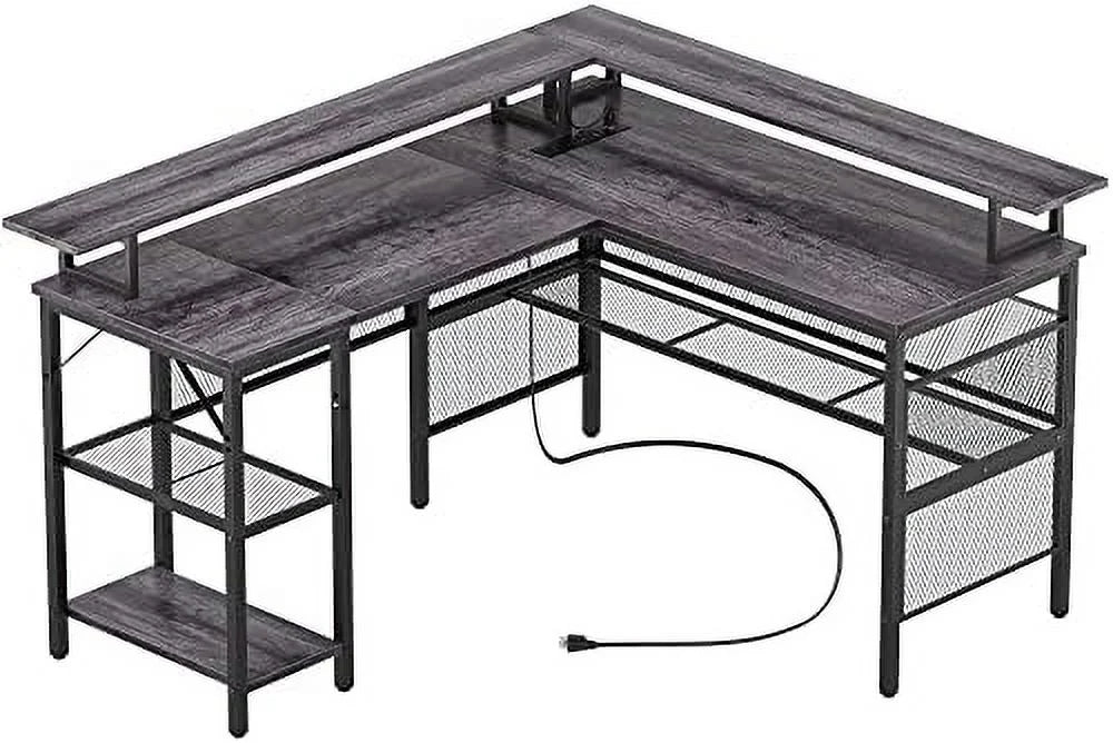 L Shaped Computer Desk with Power Outlet and LED Strip Black F267