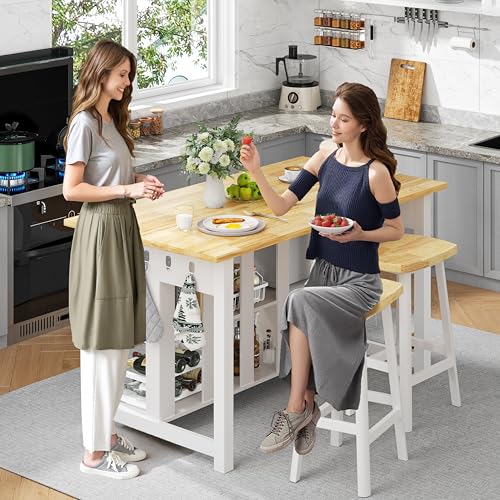 Solid Rubberwood Kitchen Island with Power Outlets, 2 Drawers & Open Shelves (Grey) F56362