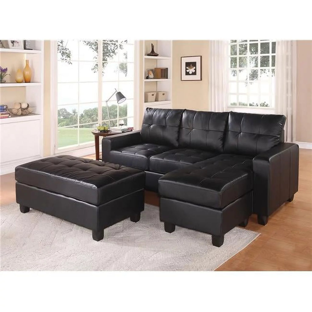 Black Bonded Leather Match Sectional Sofa with Ottoman I620