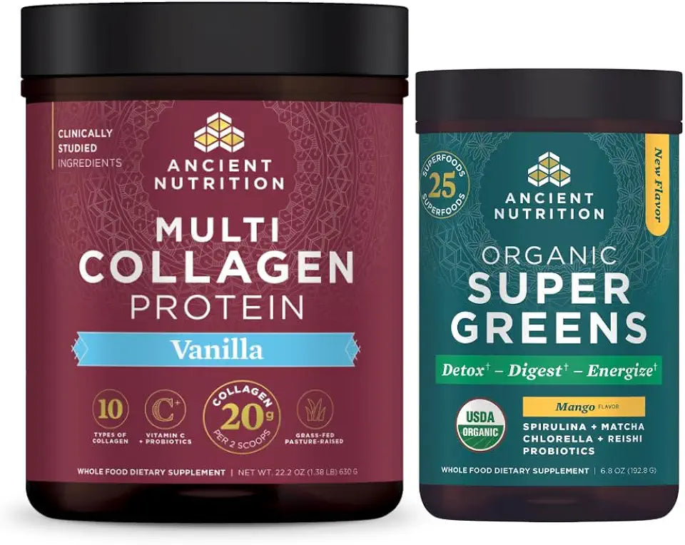 Organic Supergreens Powder Mango 25 Servings + Multi Collagen Protein Powder Vanilla 60 Servings L957