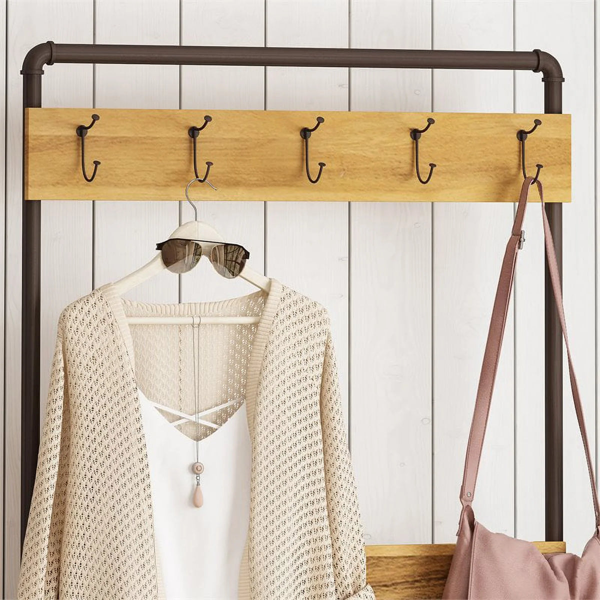 Acacia Wood Bench with Shelf and Coat Hook J924