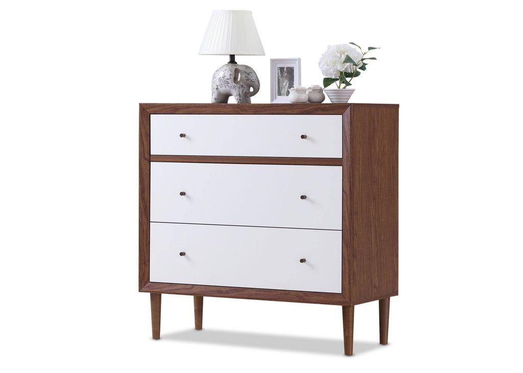 White and Walnut Wood 3-Drawer Chest J492460