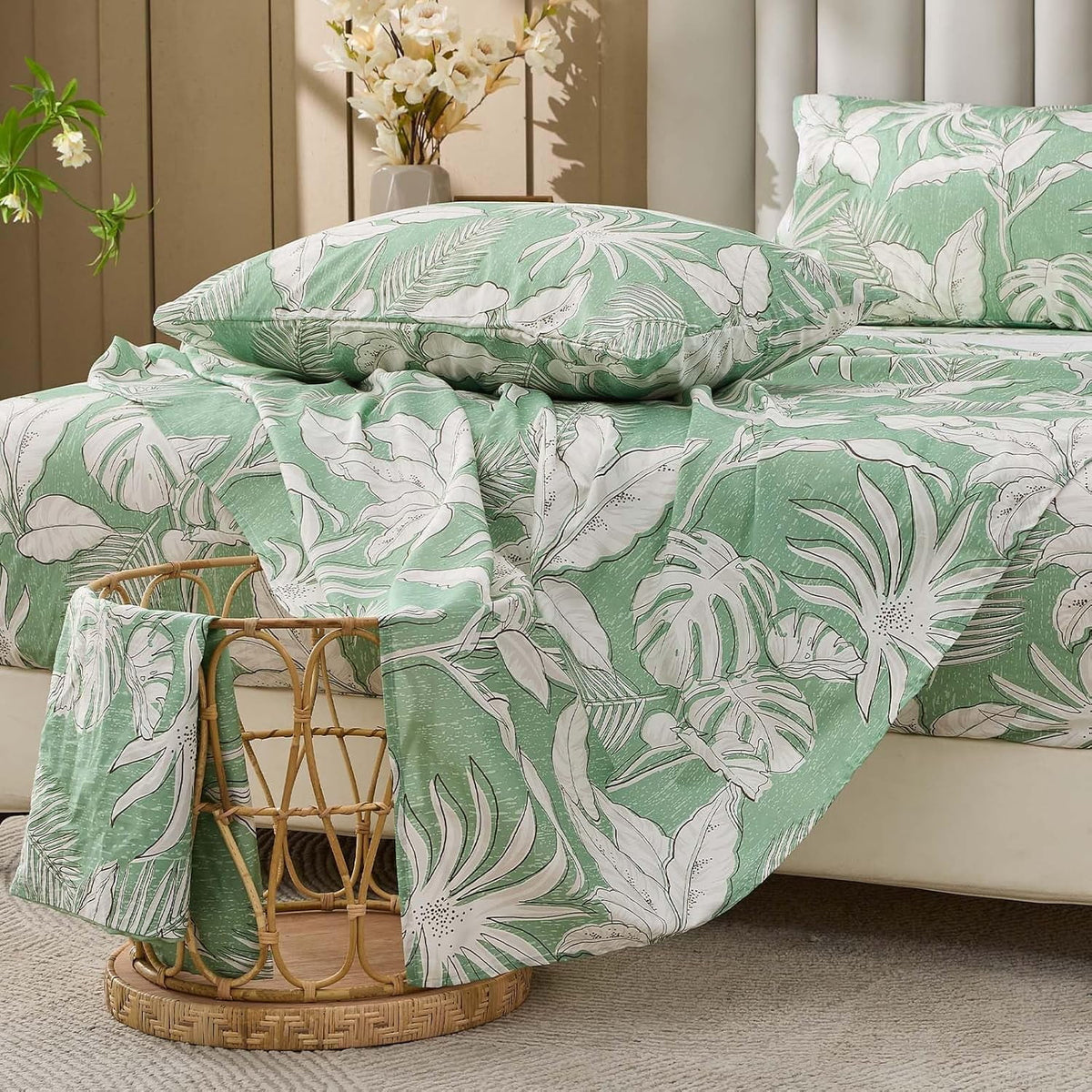 Green Floral Cotton Sheet Set Queen Size 4PC V123401
