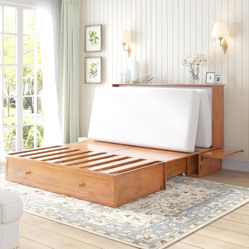 Queen Size Murphy Bed with Charging Station, Folding Foam Mattress (Cherry) U29110