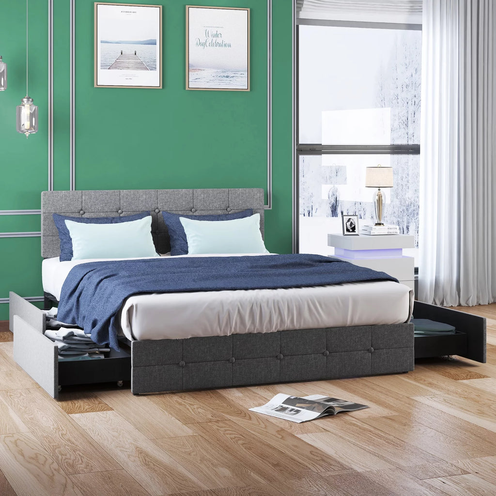 Queen Size Upholstered Platform Bed Frame with 4 Storage Drawers Z7101