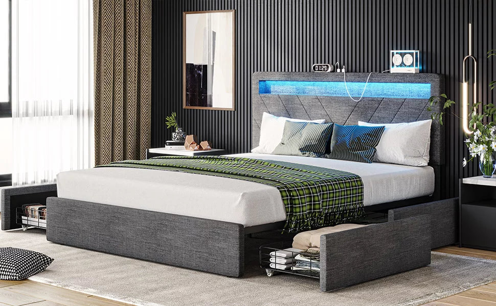Queen Upholstered Platform Bed Frame with 4 Storage Drawers and LED Headboard V5748