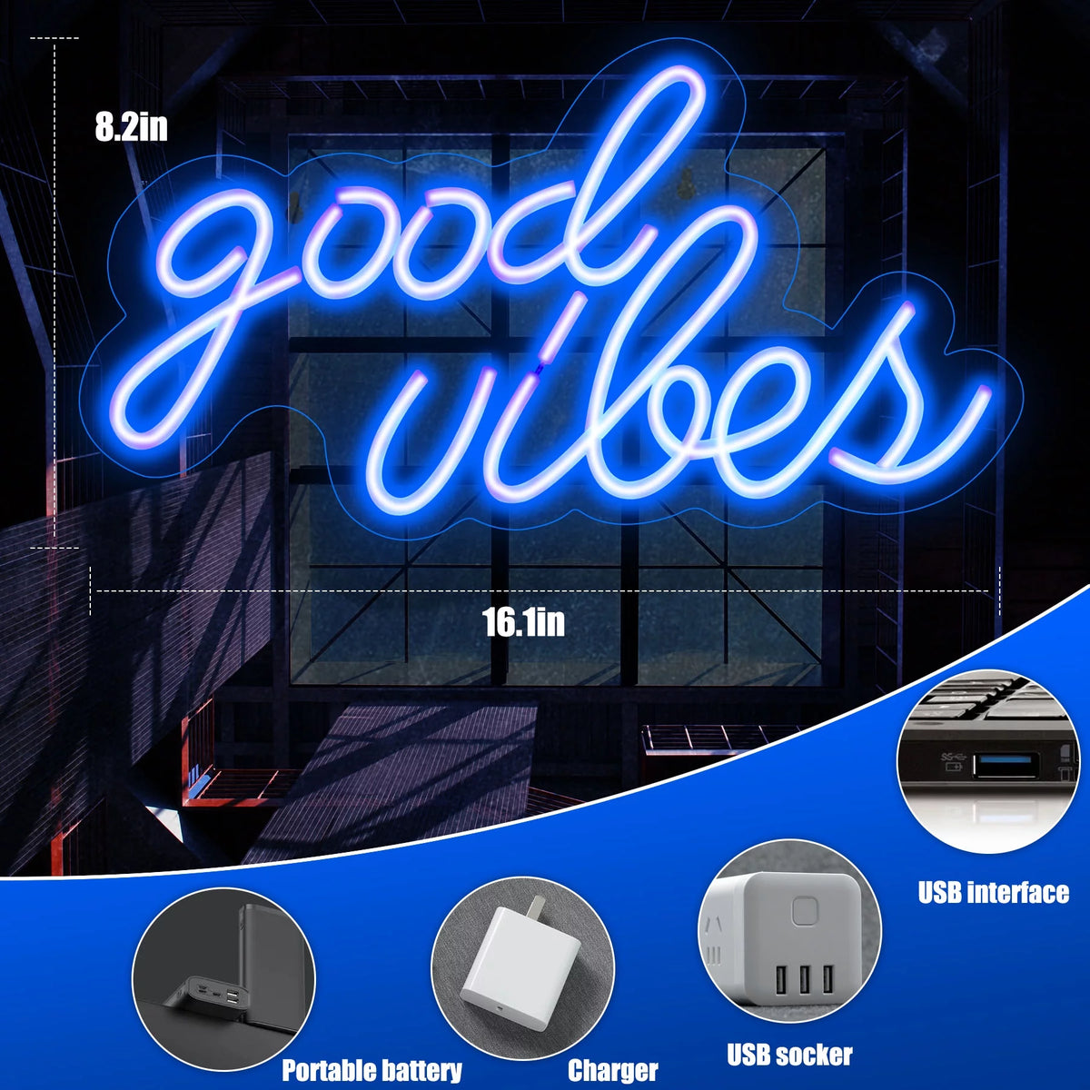 Good Vibes Neon Sign, LED Neon Light Signs for Wall Decor Powered by USB 16.1"x8.3" H30144