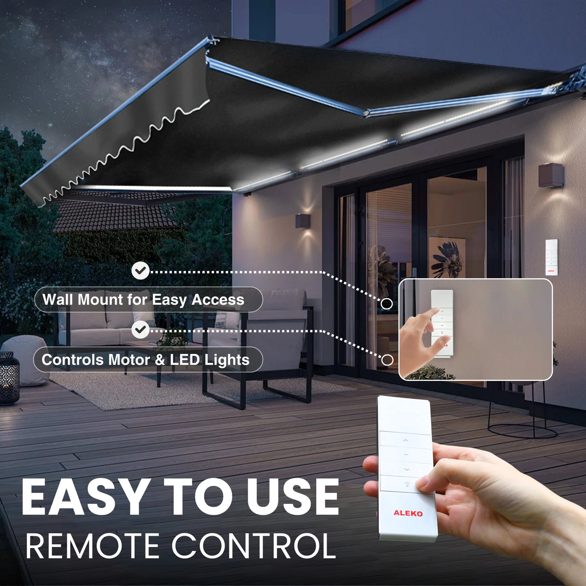 Grey White Striped Motorized Retractable Patio Awning U40844