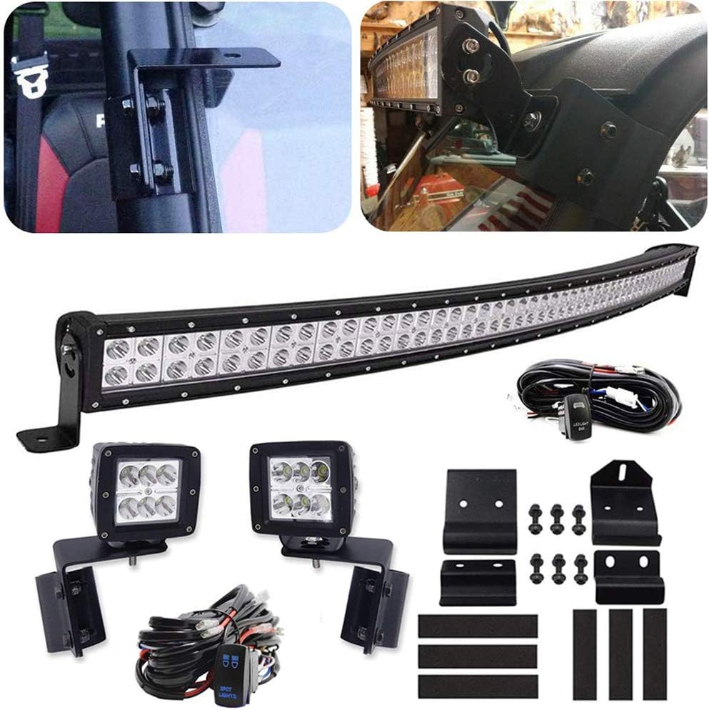LED Light Bar Mount Windshield Kit 50 288W Curved Front Pillar Side 2x 18W 3 Cube Lights Brackets w/ 2x Wiring Kit Full Size Pro-Fit Cage Upper For 2013-2021 Polaris Ranger XP 1000 900 570 P3205