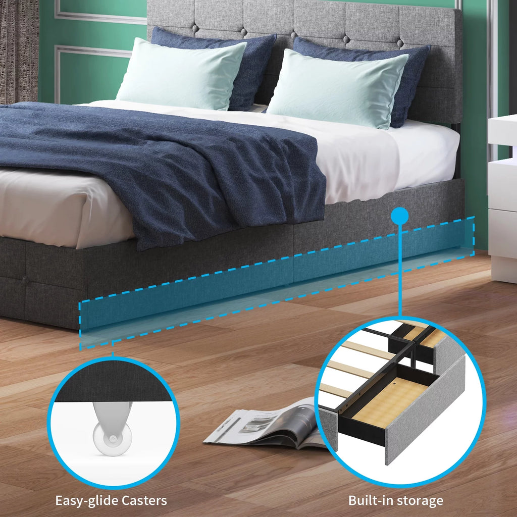 Queen Size Upholstered Platform Bed Frame with 4 Storage Drawers Z7101