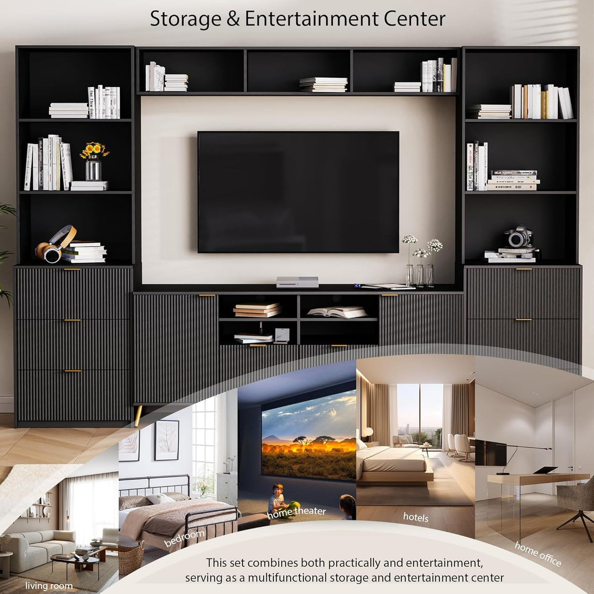 Black 4-Piece TV Stand with 13 Shelves, 8 Drawers and 2 Cabinets P86484