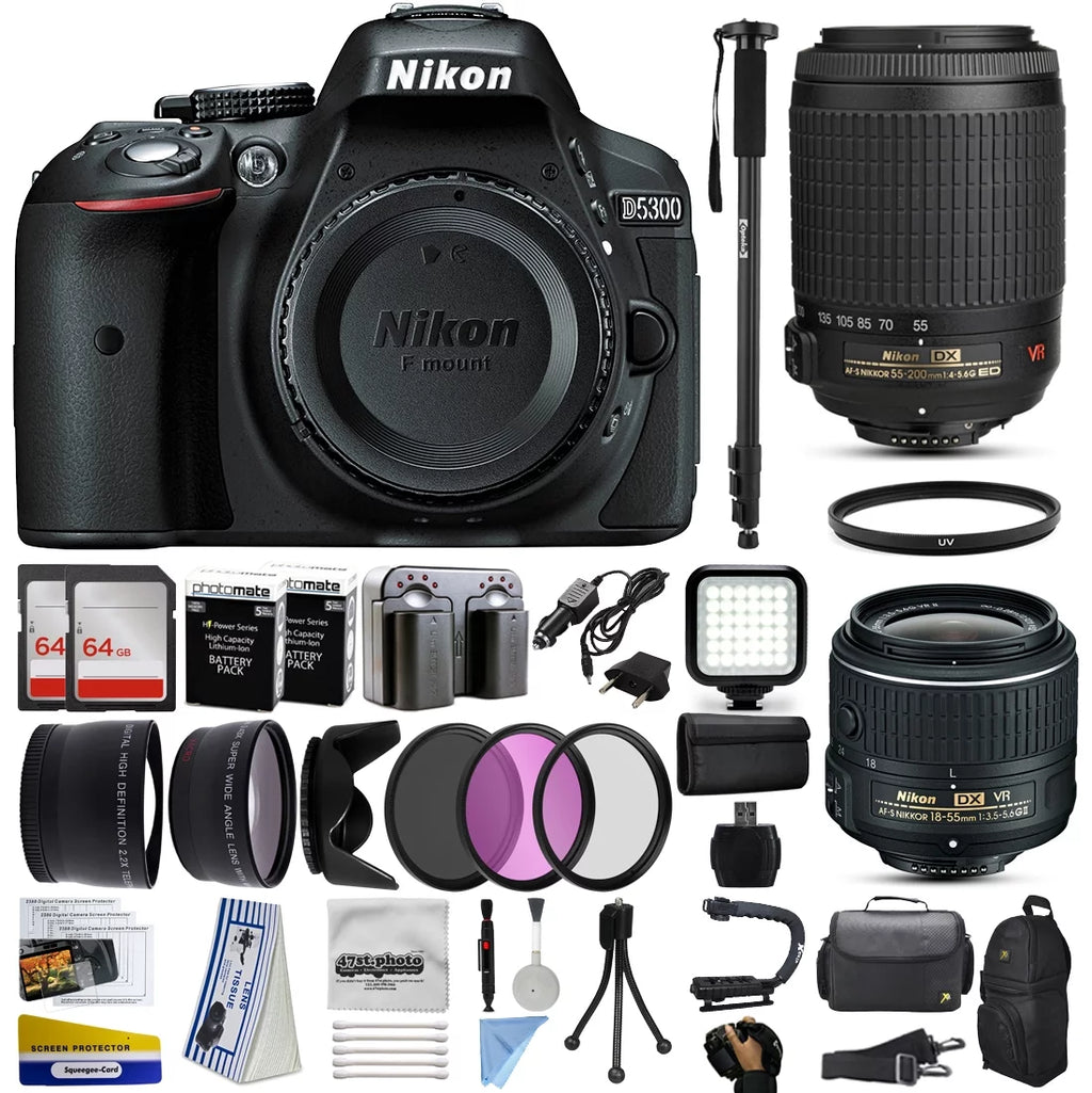 Nikon D5300 D5600 DSLR Digital Camera with AF-P 18-55mm VR 55-200mm VR Lens 128GB MC Case Battery Charger F367342