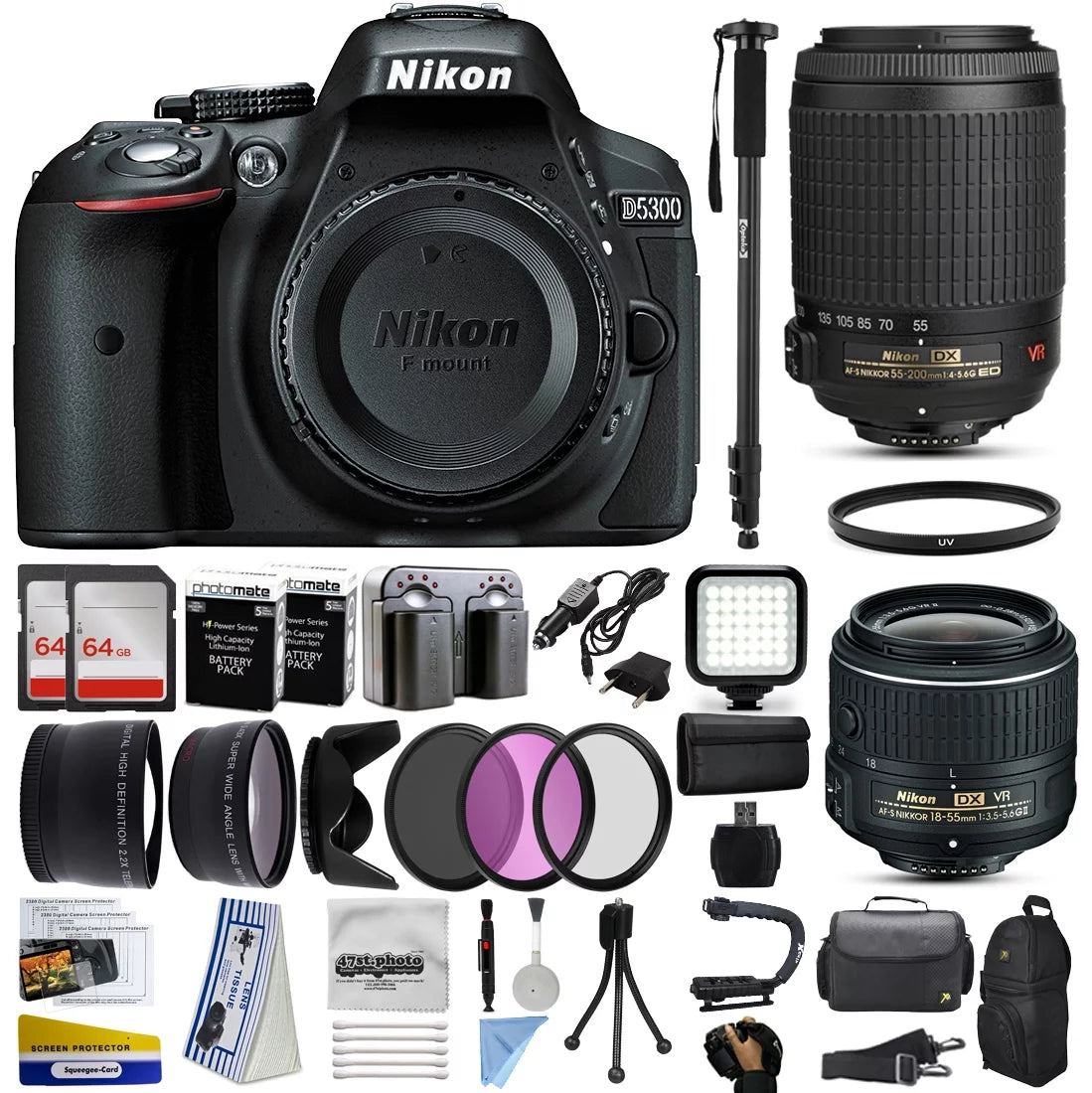 Nikon D5300 D5600 DSLR Digital Camera with AF-P 18-55mm VR 55-200mm VR Lens 128GB MC Case Battery Charger F367342