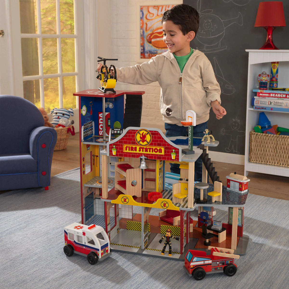 Wood Rescue Play Set with Ambulance, Fire Truck, Helicopter & 27 Pieces I241937