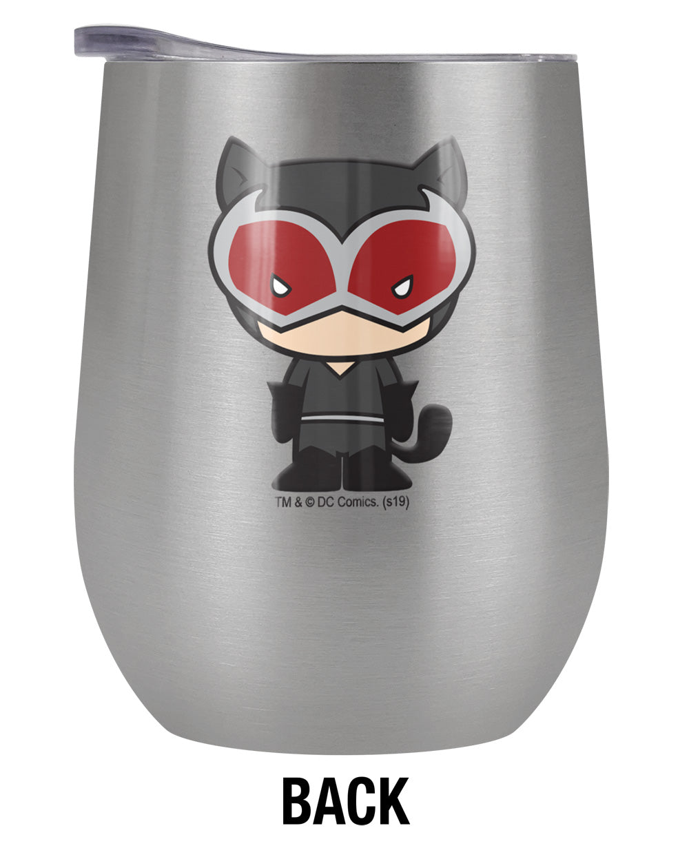 Catwoman Chibi 12 OZ Stemless Wine Tumbler, Stainless Steel Travel Cup with Leak Resistant Slide-Lock Lid H58451