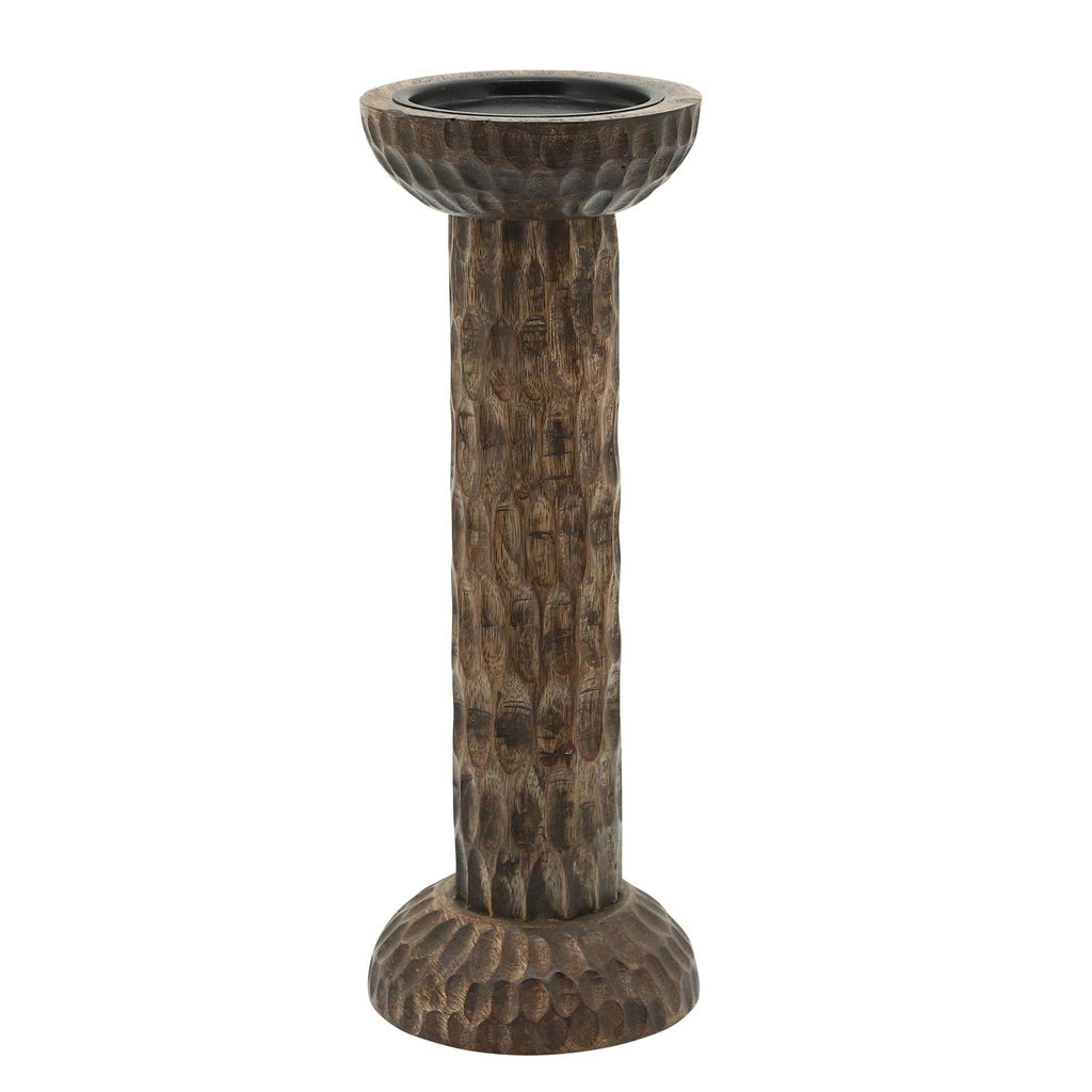 Brown Hammered Mango Wood Pillar Candle Holder M468175