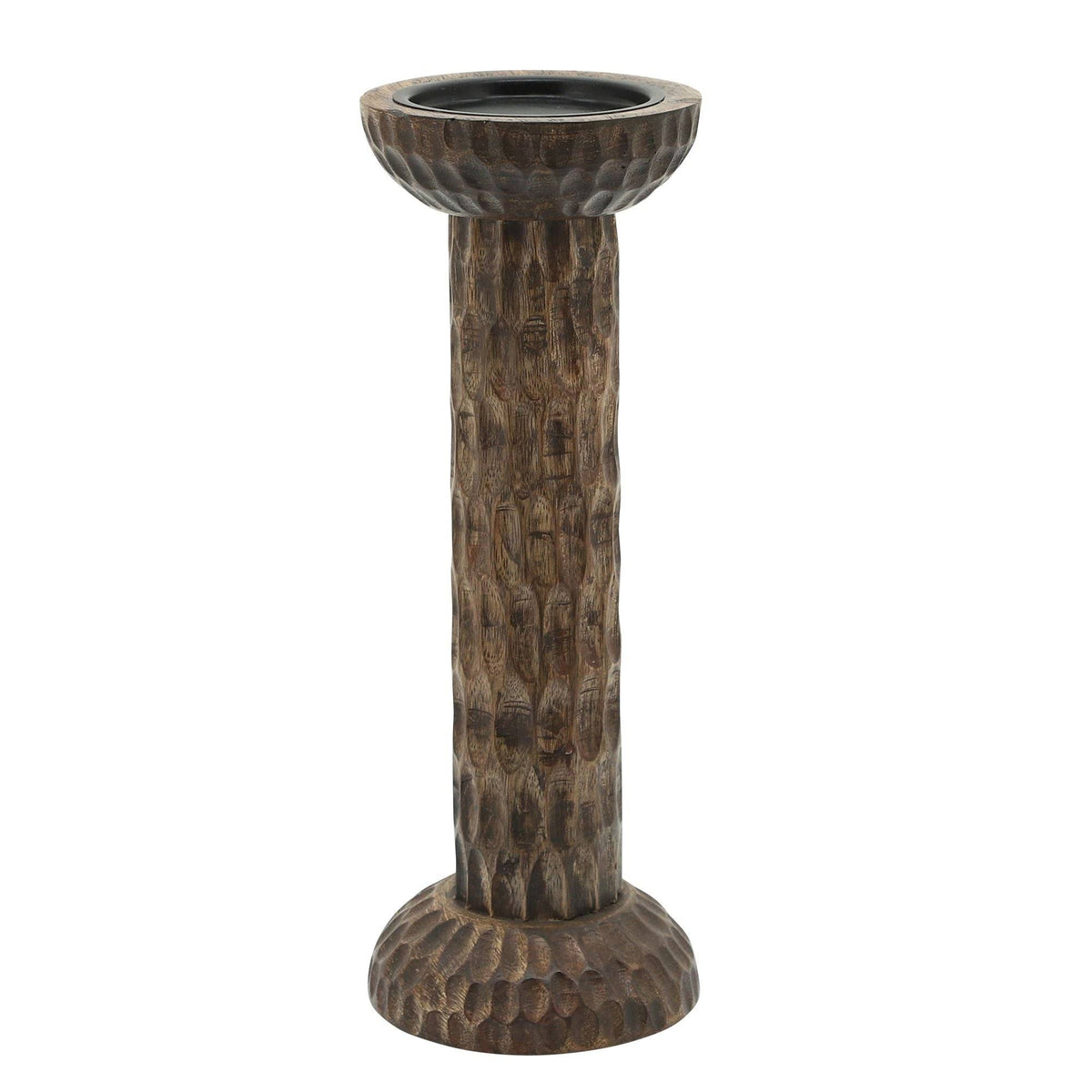 Brown Hammered Mango Wood Pillar Candle Holder M468175