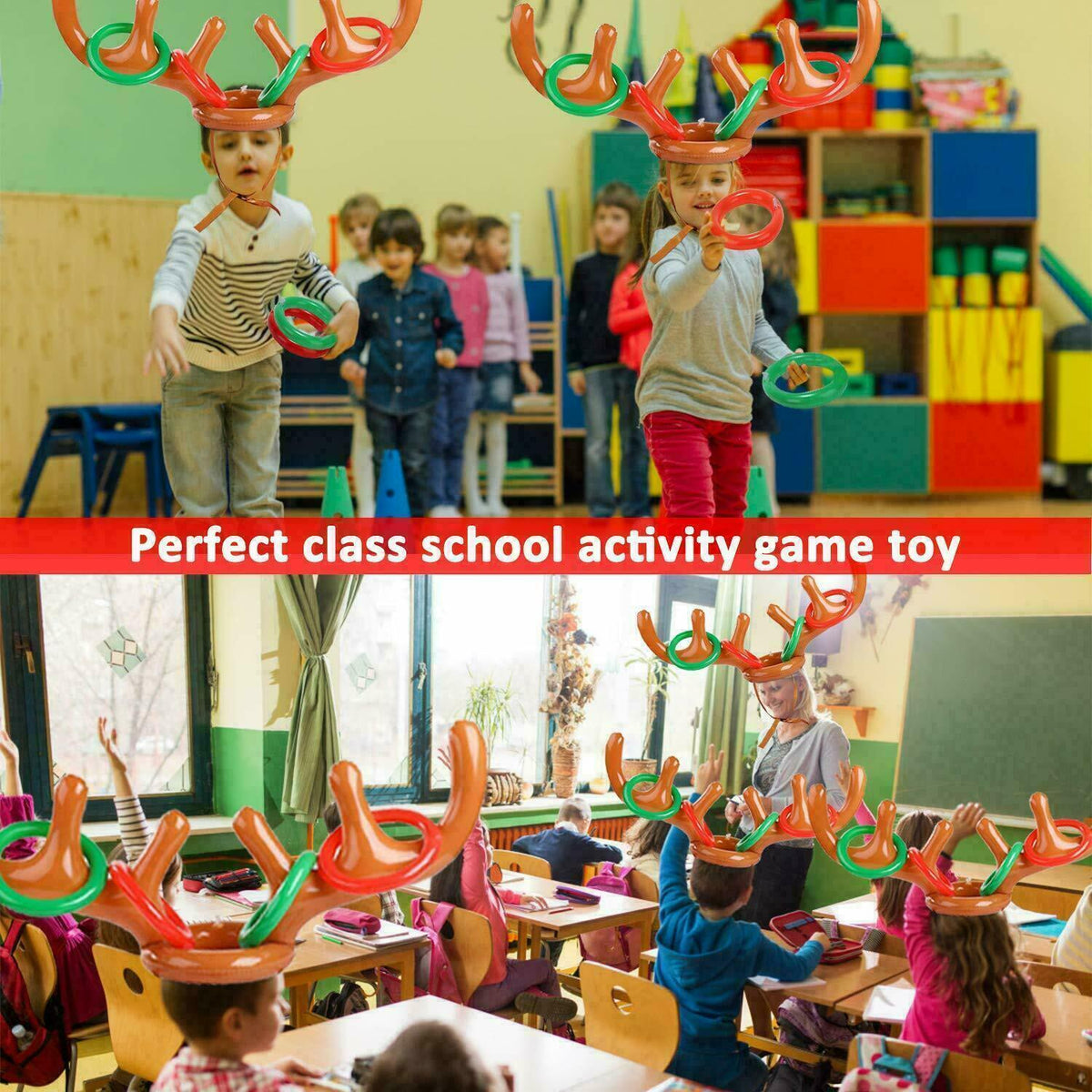 Inflatable Reindeer Antler Hat & Toss Ring Christmas Party Game Toys Q76430