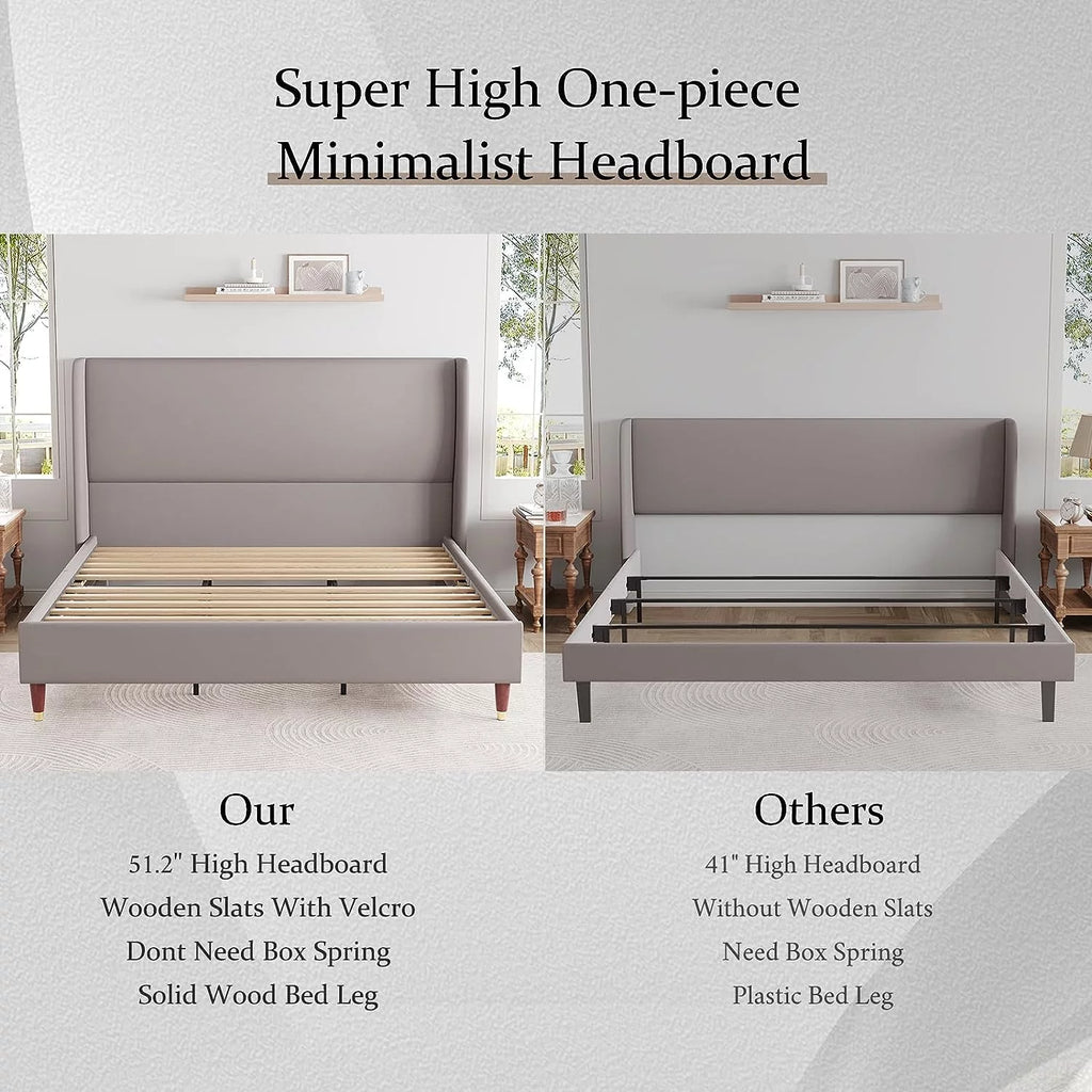 King Size White Linen Upholstered Platform Bed with Wingback Headboard M400836