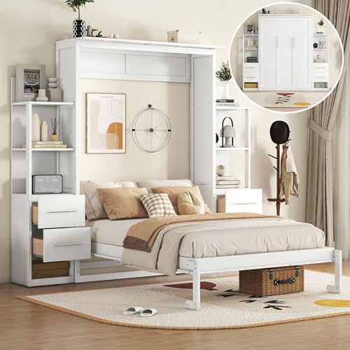 White Full Size Wood Murphy Bed with Shelves and LED Lights U1324