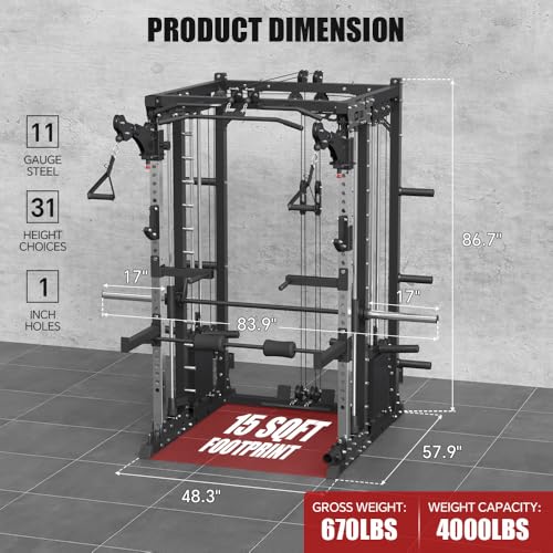 Commercial Smithe Machine with 308lb Dual Weight Stacks, Power Cage Squat Rack with Lever Arm & Leg Press, Cable Crossover Machine Q2811