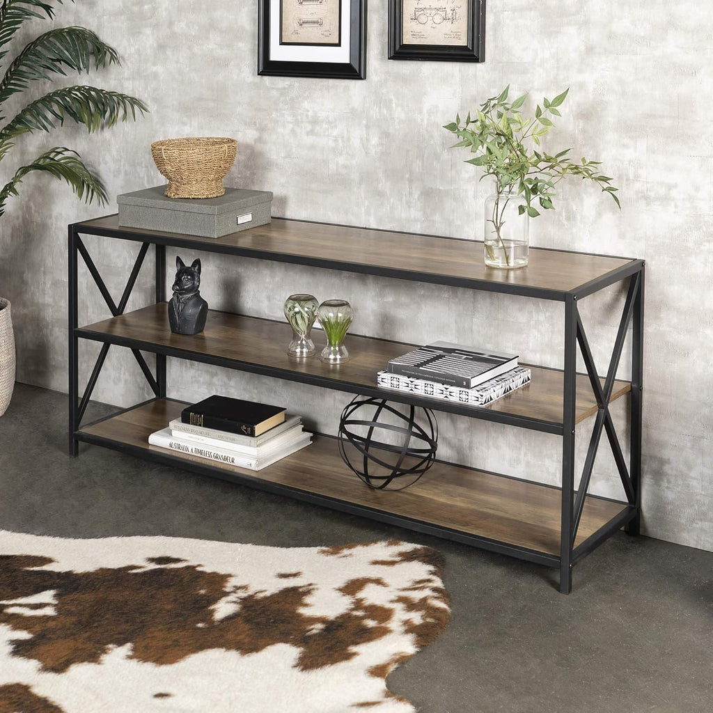 60 Inch Rustic Oak Wood Metal Bookcase T162