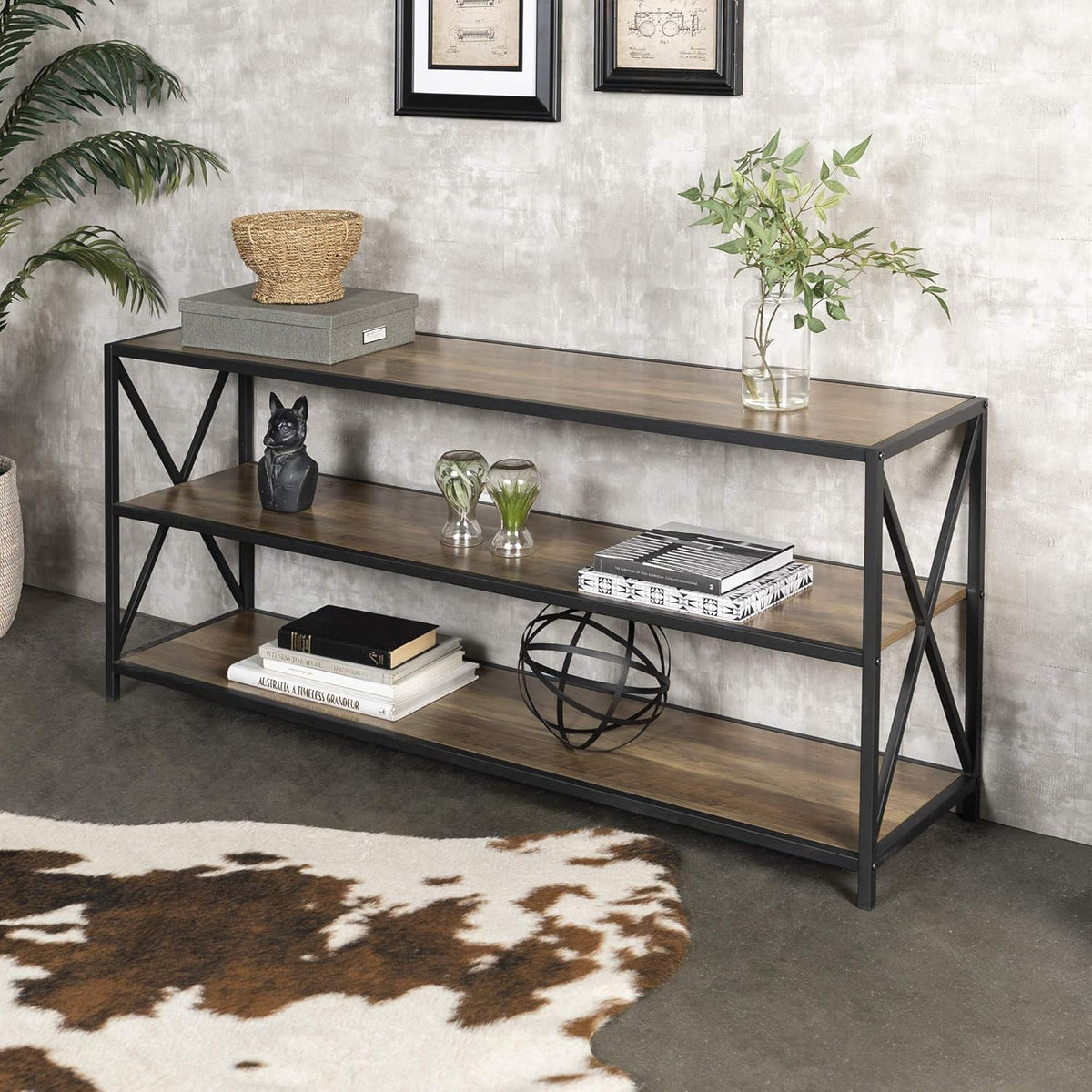 60 Inch Rustic Oak Wood Metal Bookcase T162