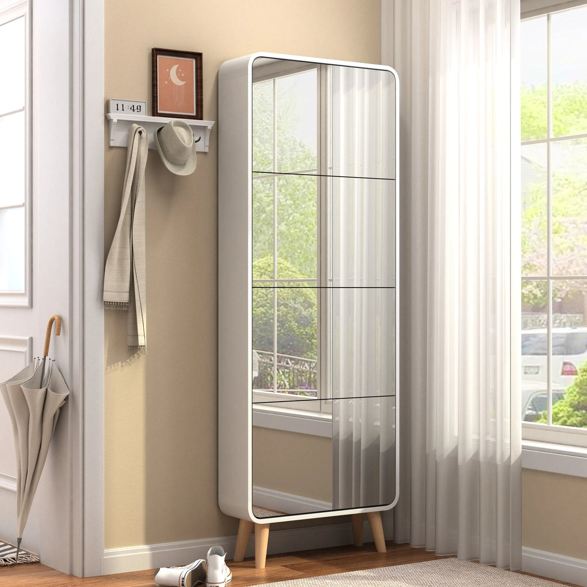 White 4 Flip Drawers Wood Shoe Cabinet with Mirror E7131