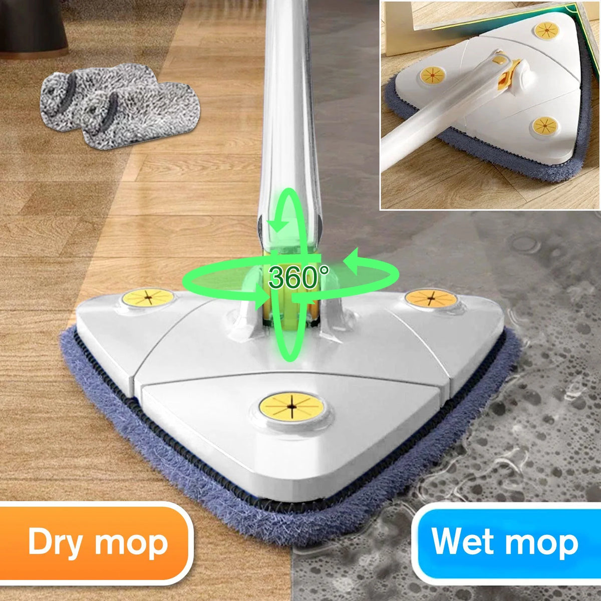 360° Adjustable Rotatable Triangle Cleaning Mop with Push-Pull Squeezing, Dry & Wet Mop G3109