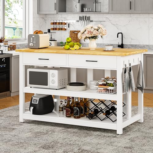 Solid Rubberwood Kitchen Island with Power Outlets, 2 Drawers & Open Shelves (Grey) F56362