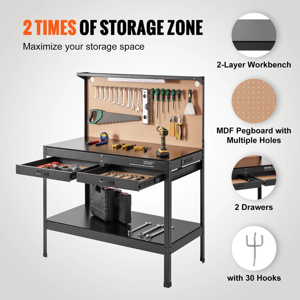 48x24" Steel Workbench with Pegboard and Power Outlets J489392