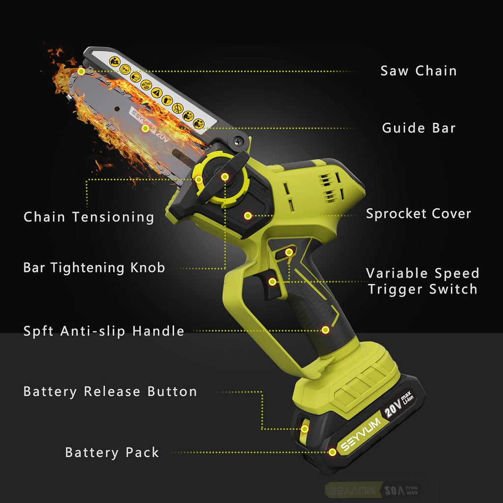 Mini Cordless Chainsaw Kit, 6 Inch 2.9Lb One-Hand Handheld Electric Compact Portable Chainsaw, 20V 2.0Ah Rechargeable Battery Powered U27351